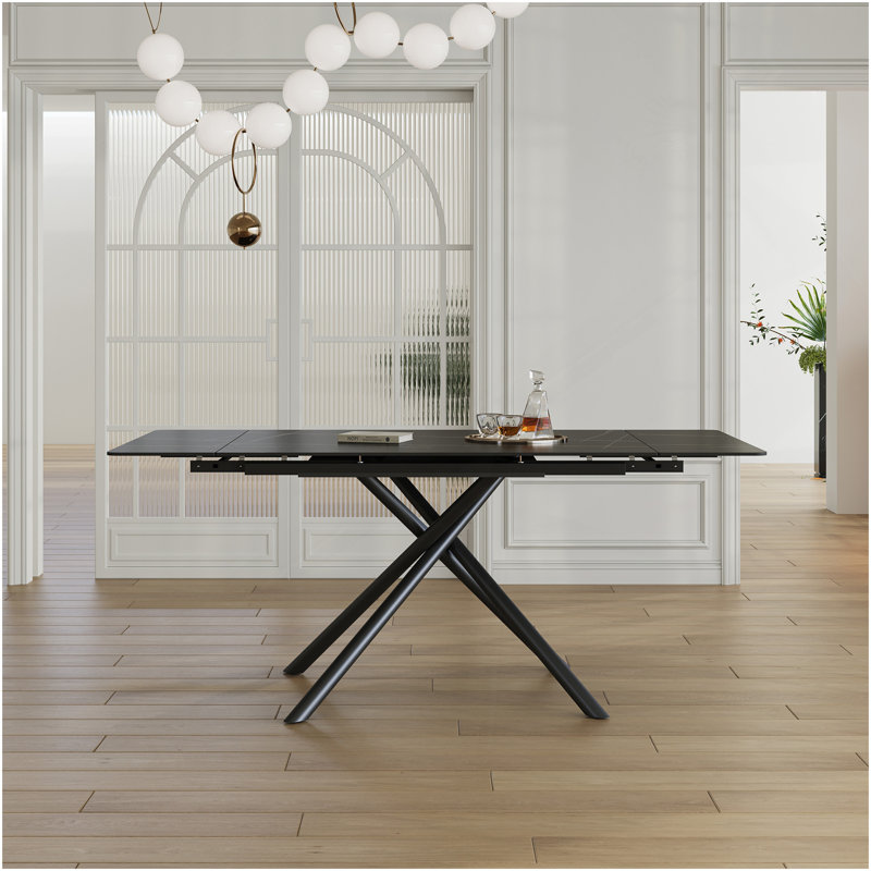 Retractable Sintered Stone Dining Table, Modern Rectangular Design, With Black Carbon Steel Legs At The Bottom, 83 Inches Suitable For 6-8 Seats (Black)