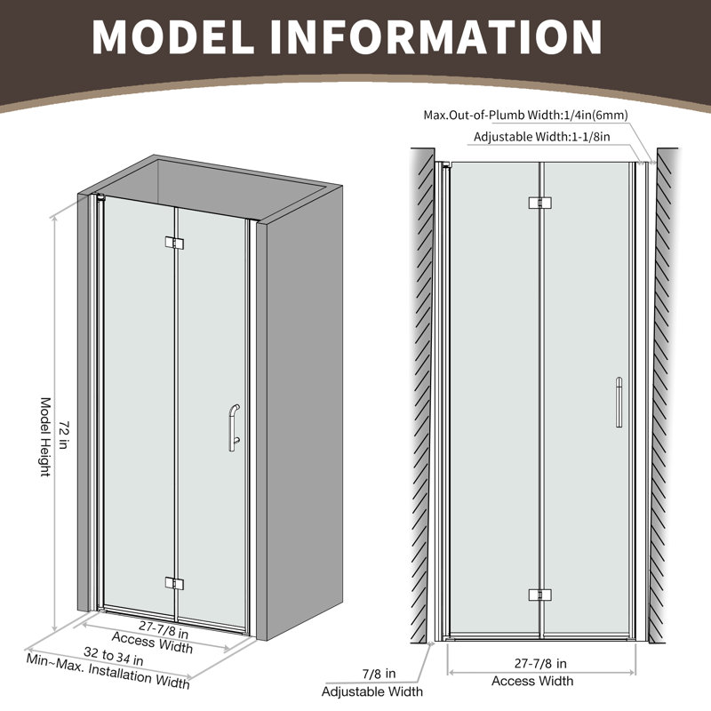 32-33.5 in. W x 72 in. H Frameless Bi-Fold Shower Door in Brushed Nickel with Clear SGCC Tempered Glass, Brushed Nickel