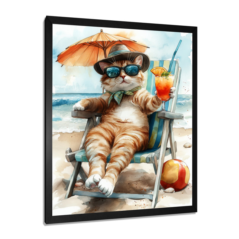 Chat sur la plage, détente I - décoration murale animaux côtiers, Toile encadrée noire simple, H 20 po x l 12 po x P 1 po