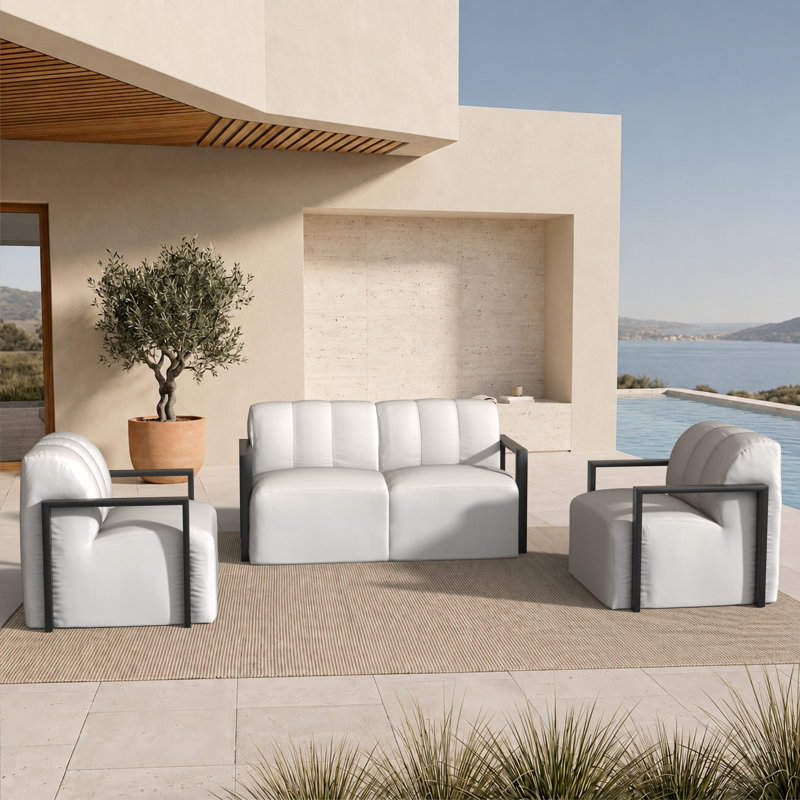 Ensemble de patio moderne 4 pièces en aluminium à structure ouverte, comprenant des chaises et un canapé deux places rembourrés avec coussins Sunbrella