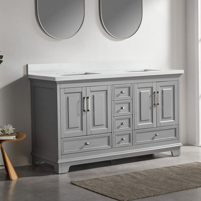 Meuble-lavabo double autoportant de 60 po avec pierre artificielle entièrement assemblé