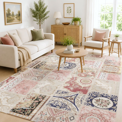 Tapis bohémien rétro, tapis à motif traditionnel délavé pour le salon, la chambre à manger, le bureau, le tapis décoratif à poils courts et doux