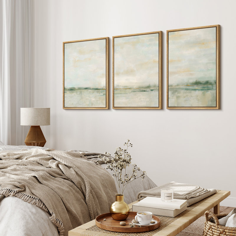 Minimal Landscape Grunge Green Pastel  Abstract Illustrations Framed Canvas 3 Pieces Print Wall Art, 36" H x 24" W x 1.5" D