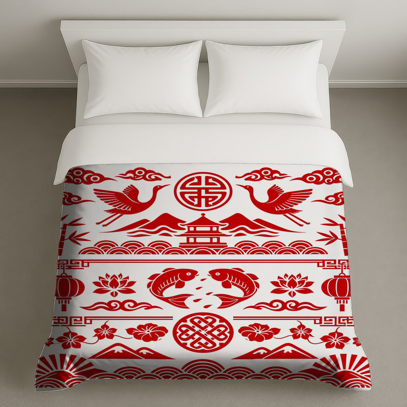 Housses de couette rouges à motif asiatique, King