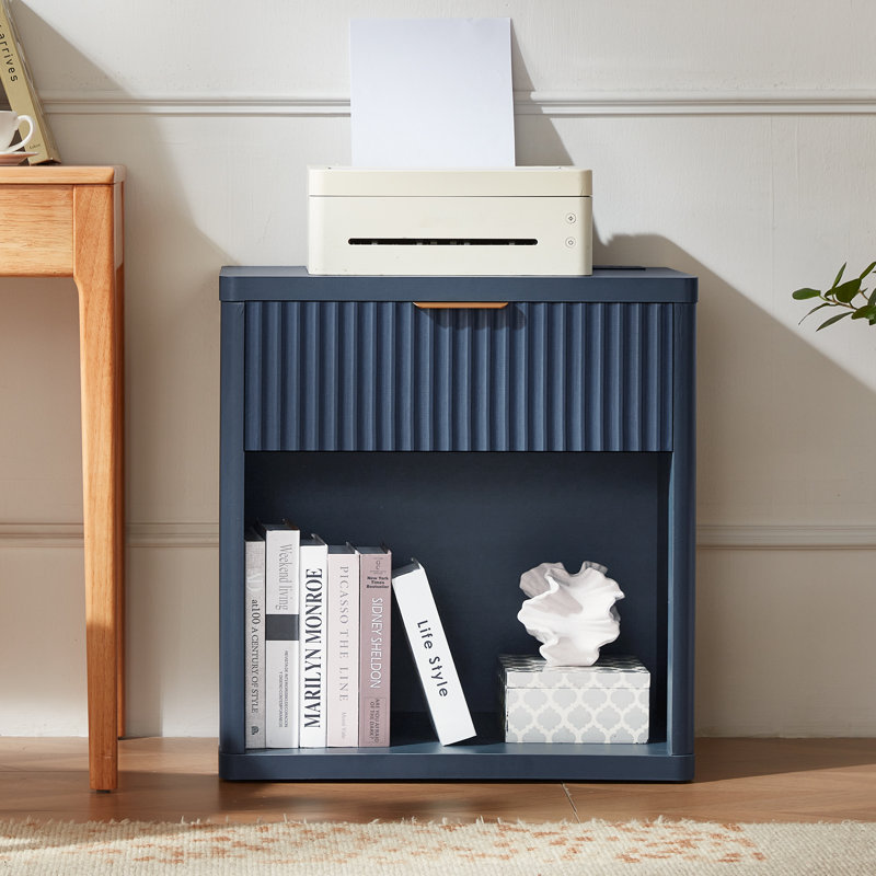 Fluted Nightstand With Charging Station, 23" Wide 1 Drawers Night Stand,End Table With Open Storage,Farmhouse Bed Side Tables, Wood Dresser For Bedroom, Living Room, Closet