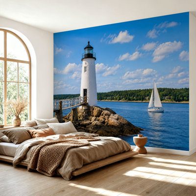 Wall Mural Peel and Stick Wallpaper portsmouth harbor lighthouse hampshires coastal bay water sea beach Self-Adhesive Removable Contact Paper Wall Decor for Living Room Bedroom 69"H x 96"W