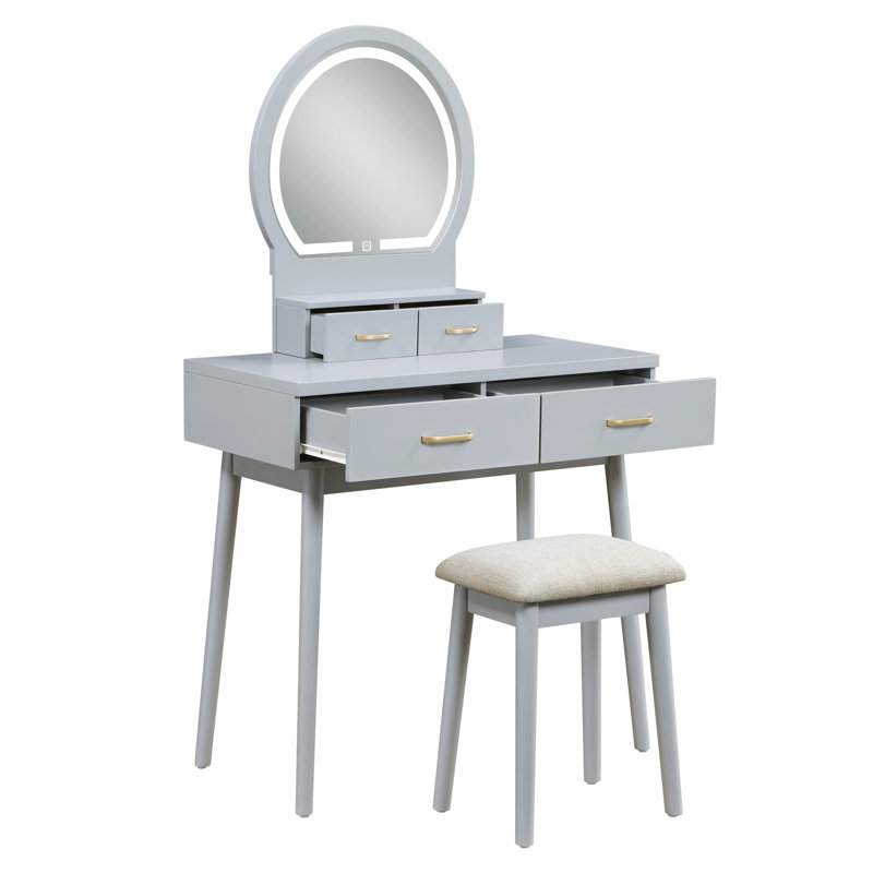 Meuble-lavabo gris élégant avec miroir lumineux à DEL, 4 tiroirs et tabouret assorti pour une finition luxueuse et confortable pour la chambre à coucher, rembourré