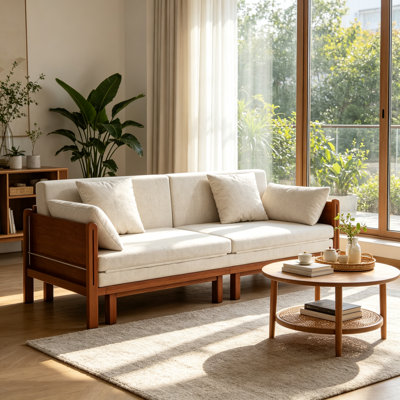 Canapé-lit en tissu massif de 83 po avec cadre en bois massif, canapé-lit multifonctionnel convertible de style Mid-Century japonais, canapé 2 en 1 pour petit salon et chambre d'amis