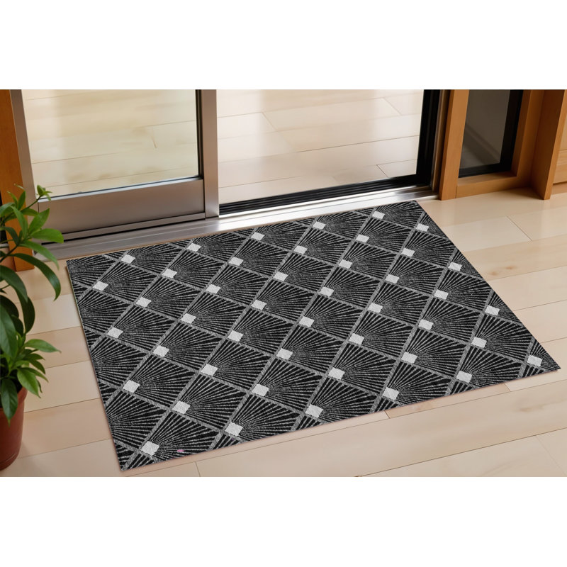 Tapis extérieur lavable à motif géométrique 3 pi x 5 pi noir et ivoire