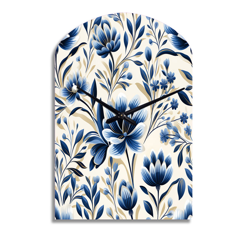 Blue And White Damask Flower - Floral Arch Metal Wall Clock, Blue Asymmetrical Clock Print, Large