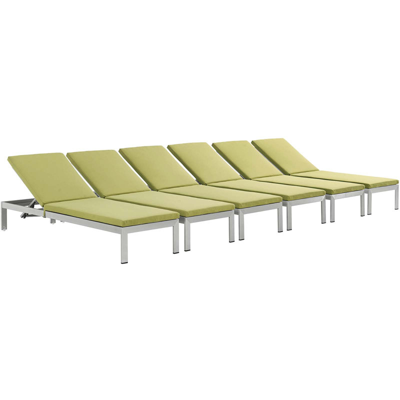 Shore 76'' Long Reclining Chaise Lounge Set with Cushions (Set of 6), Turquoise, Silver