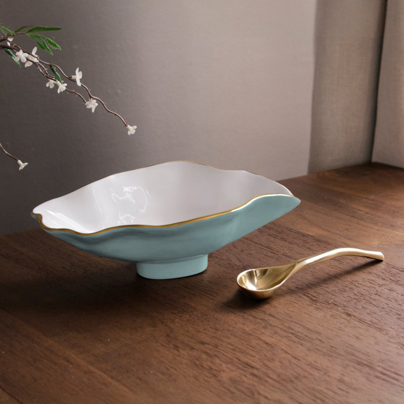 Encanto Claire Small Oval Bowl With Spoon, Turquoise/White/Gold