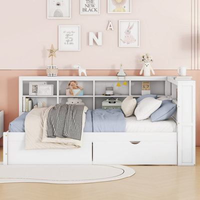 Wooden Full Size Daybed With 2 Drawers, Daybed With Storage Shelf And USB Charging Ports