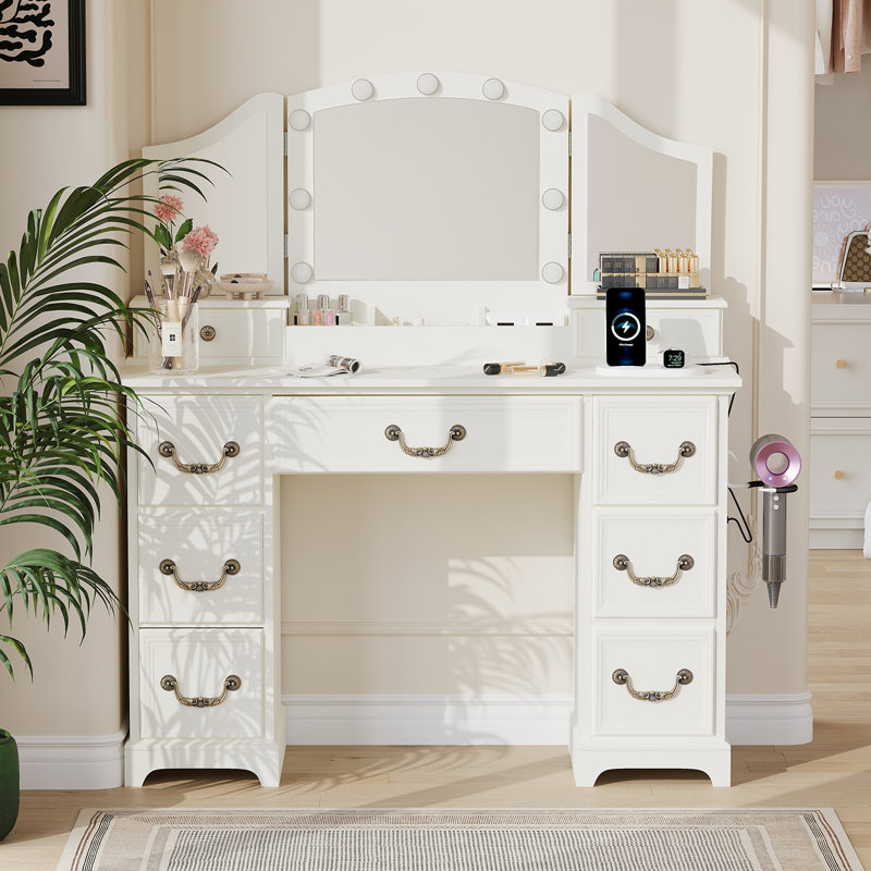 Multi-Functional Storage Vanity Table With 3-In-1 USB Outlet & Hair Dryer Holder
