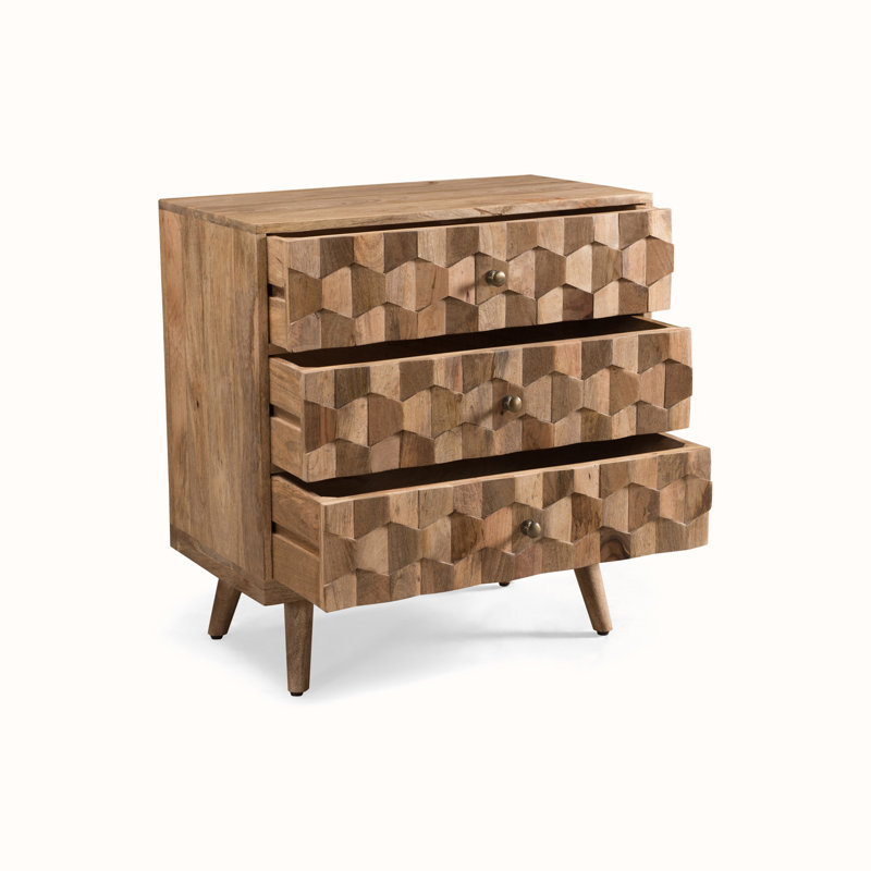 Poppy Mid-Century Mango Wood 3-Drawer Chest with 3D Weave