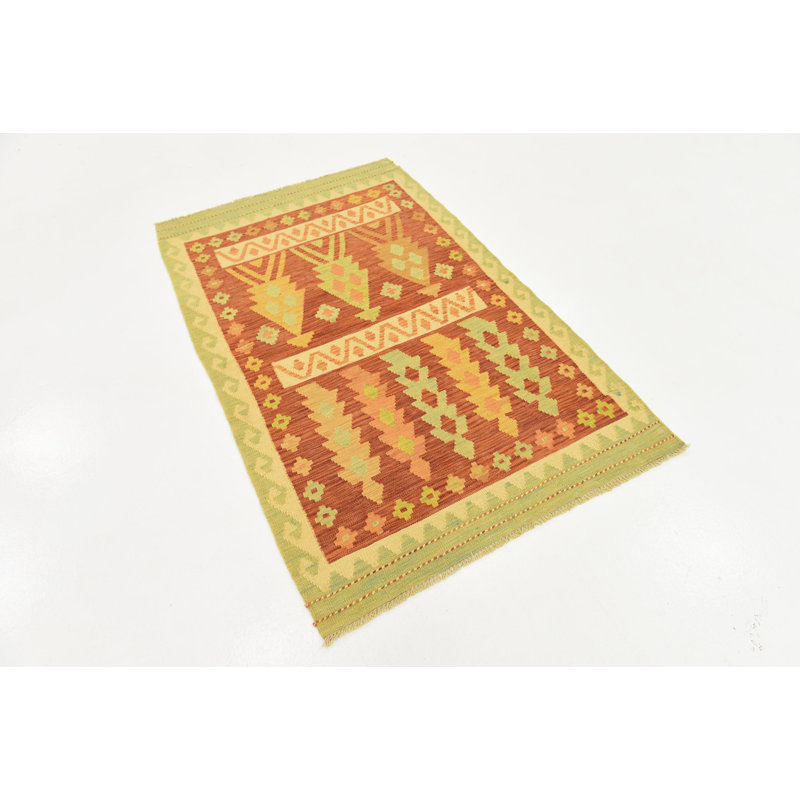 Tapis de zone en laine rouge/vert 3 pi 2 po x 5 pi one-of-kind-noué la main Elland