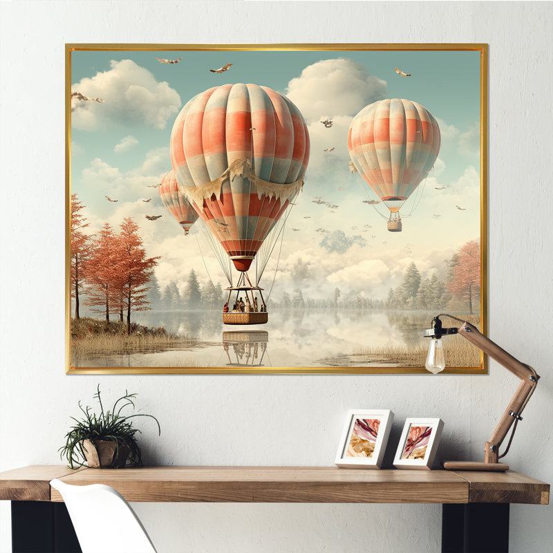 «A Playful Hot Air Balloon Bliss I», reproduction sur toile, Gold Picture Framed, 24" H x 32" W