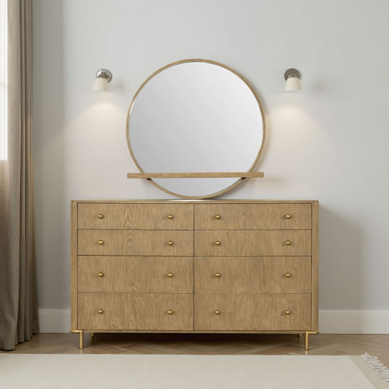 Fij Oval Dresser Mirror, Sand Wash Wood, Felt-Lined Tray, 38 Inch, Brown
