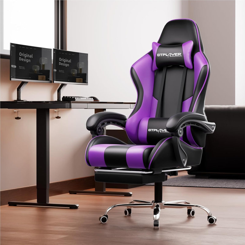GTPLAYER Gaming Chair with Footrest and Lumbar Support, Height Adjustable Game Chair with 360°-Swivel Seat and Headrest and for Office or Gaming(Purple)