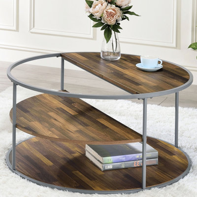 Table basse industrielle à 3 niveaux, gris/noyer, structure en acier thermolaqué, design demi-hauteur, placage papier imitation bois et options de finition, finition noyer gris, pour une utilisation facile