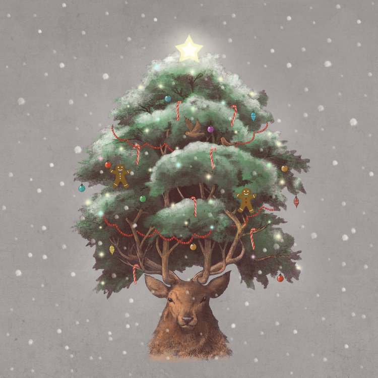 «Reindeer Tree», art sur toile, H 12 po x l 12 po x P 0,75 po, Pas de tapis, Toile tendue