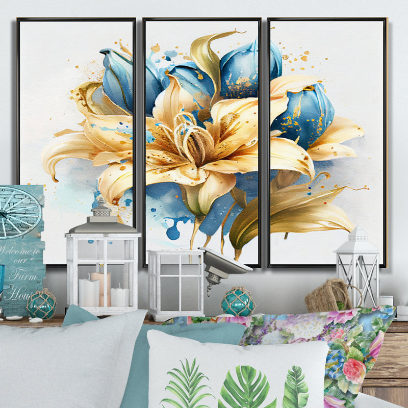 «Gold and Blue Lily Bouquet I», reproduction sur toile 3 pièces, H 28 po x l 36 po x P 1 po, Cadre noir