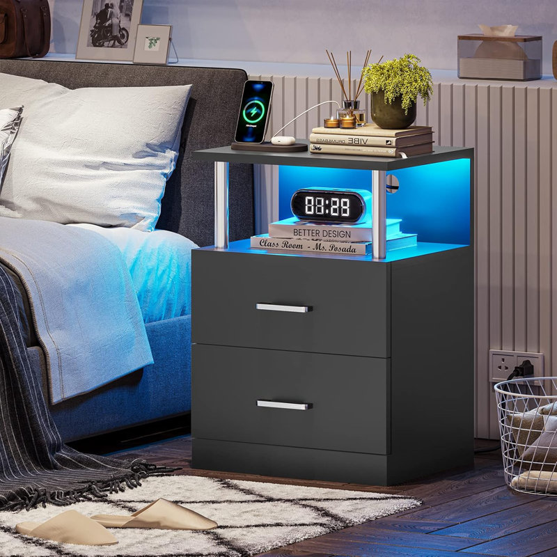 Black Nightstand with Charging Station and USB Ports, LED Night Stand with 2 Drawers, Modern End Side Tables with Open Storage, Bedside Tables for Bedroom, Office