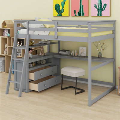 Lit mezzanine avec bureau et tablettes, deux tiroirs intégrés