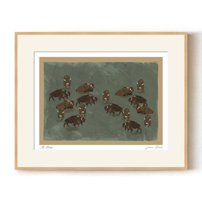 Mod-Ensemble The Bison by ChiChi – Minimalist Green Wildlife Art Print Featuring a Buffalo Herd | 36"H x 48"W | Natural Frame