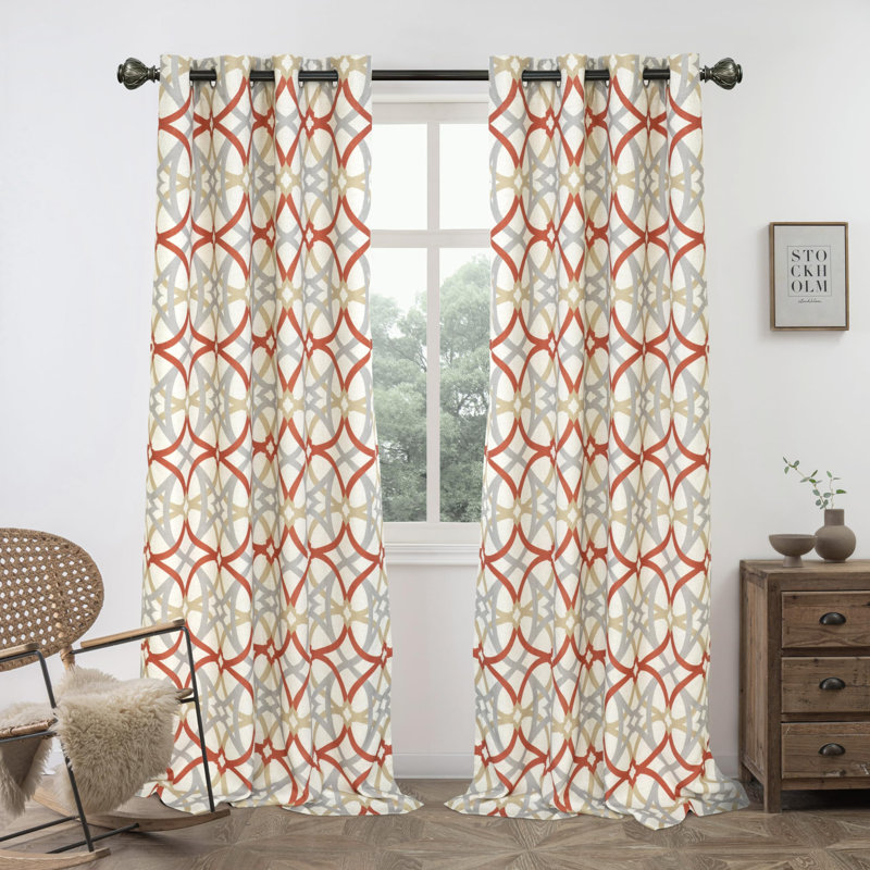 Breneisha Linen Textured Geometric Curtains Thermal Insulated Grommet Curtains, Beige/Red