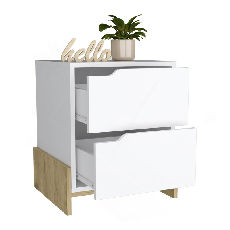 Luss Nightstand, Bedside Table With 2-Drawers, White/Oak