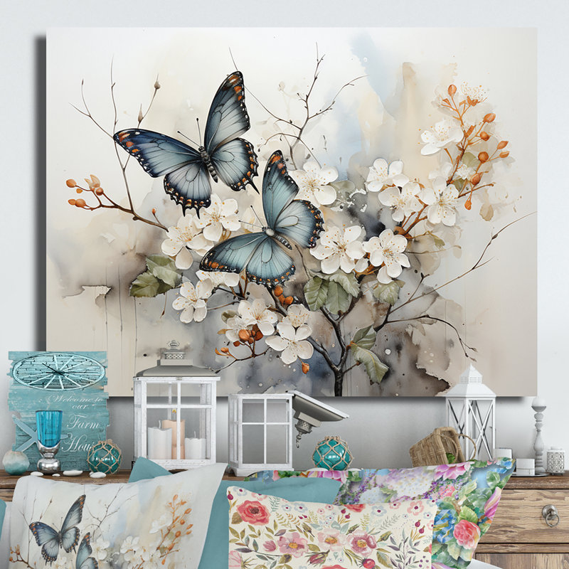 Papillon bleu, blanc, aperçu de la sérendipité - animaux, art mural en métal, salon, H 24 po x l 32 po