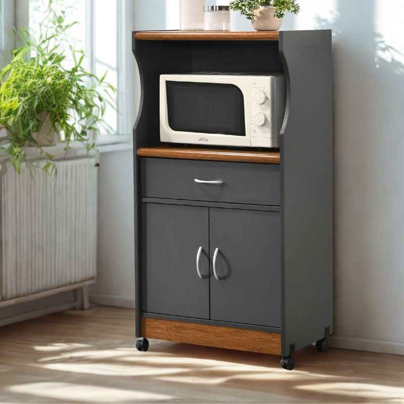 Rolling Kitchen Cart with  Microwave Shelf, Utensil Drawer, Interior Cabinet Storage Space and Locking Wheels, Gray