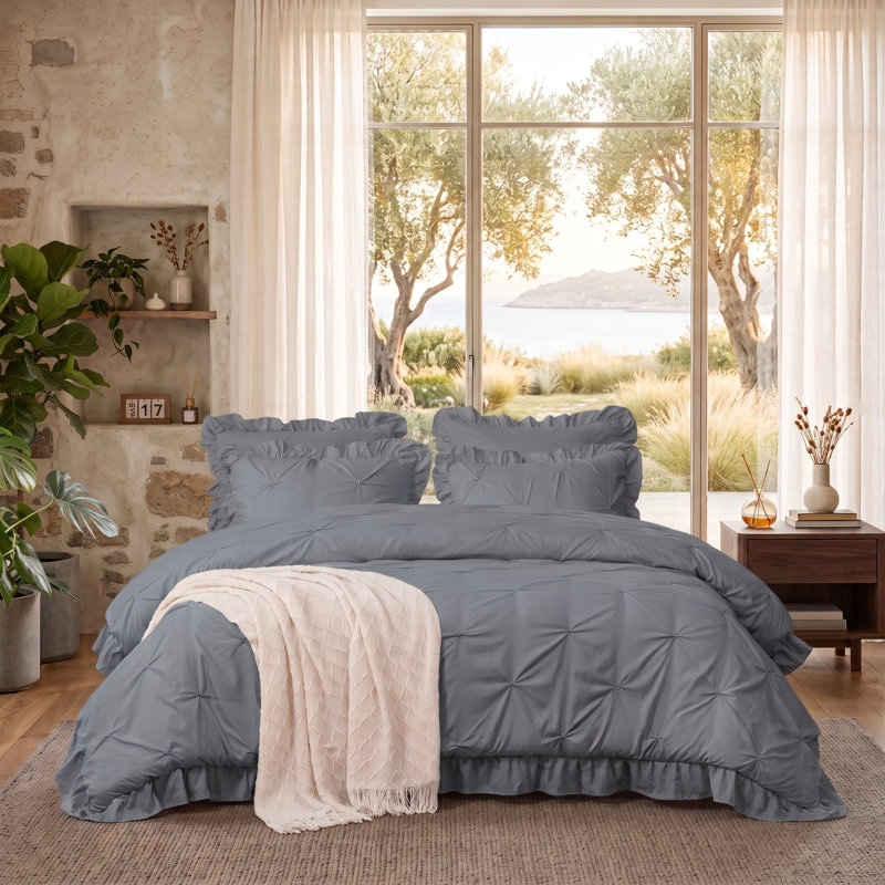 5 Piece Romantic Princess Pintuck Comforter Set, Gray, Queen Comforter + 4 Standard Shams