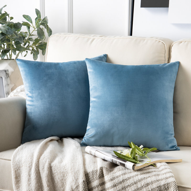 Coussins décoratifs en velours, coussin décoratif uni, Bleu, Carré 22 po, Housse de coussin seulement - sans coussin