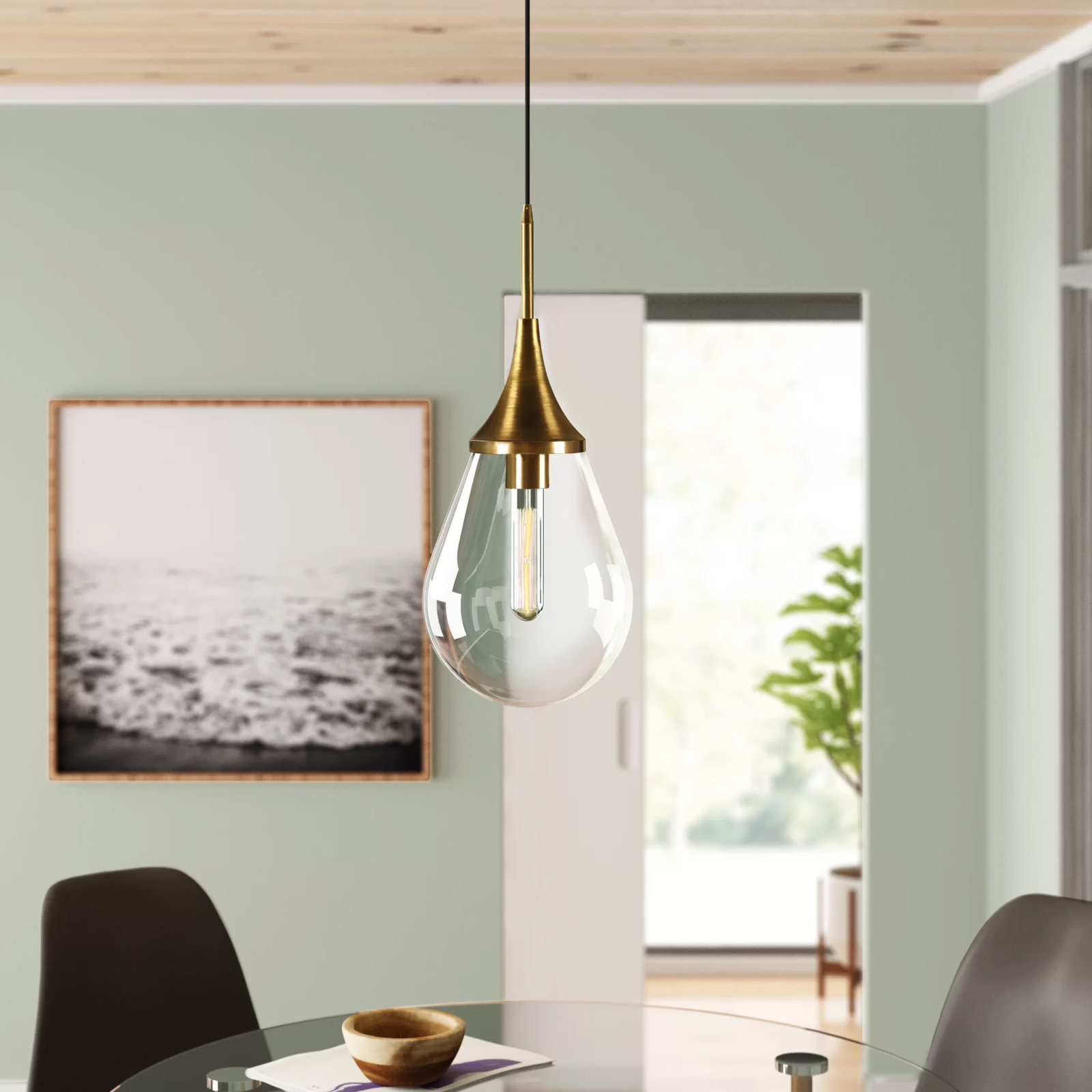Hoye Single Light Glass Dimmable Pendant, 19.12"H x 7.63"W x 7.63"D, Clear, Gold