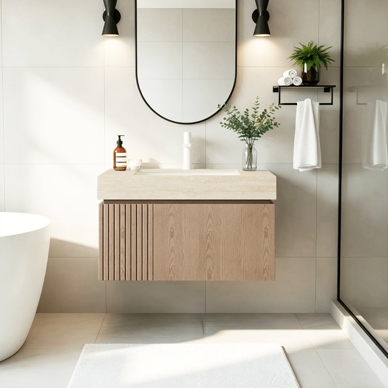 Meuble-lavabo de salle de bain de luxe moderne en pierre frittée Mid-Century