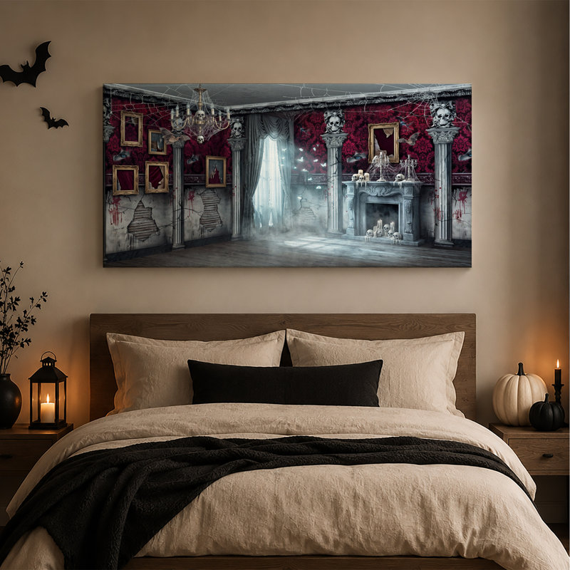Toile gothique avec papier peint rouge et crânes d'Halloween, art mural, L 20 po x H 10 po