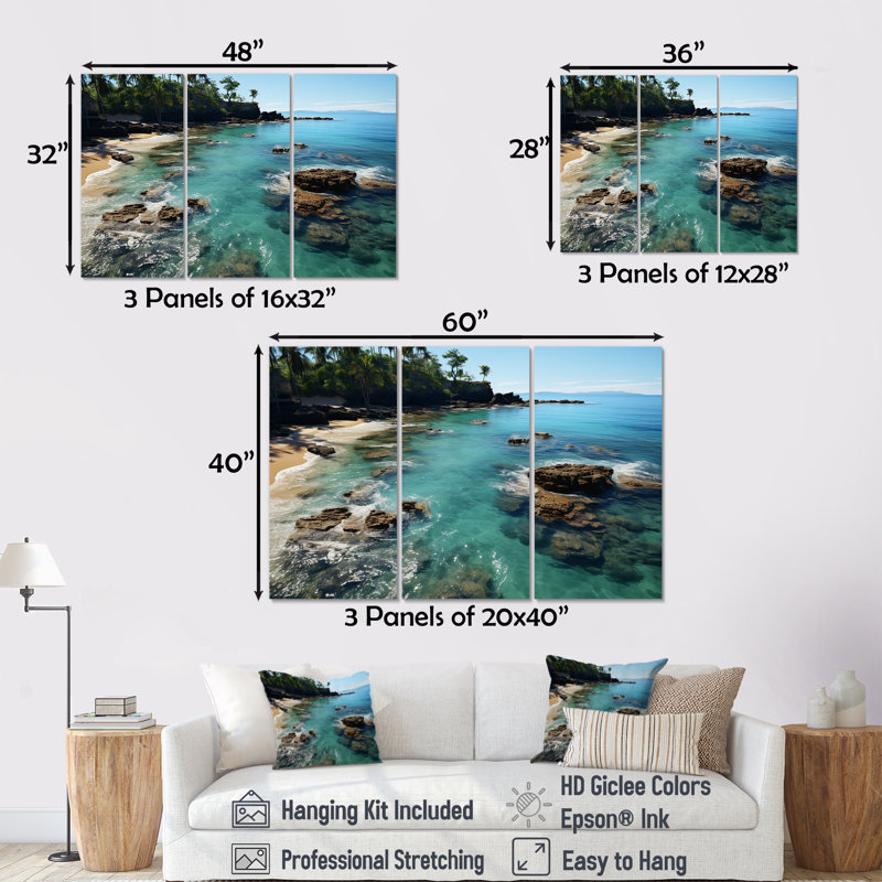 Aérien, corail, paradis, plages tropicales dévoilées II - art mural plage, Toile tendue, H 32 po x l 48 po x P 1 po