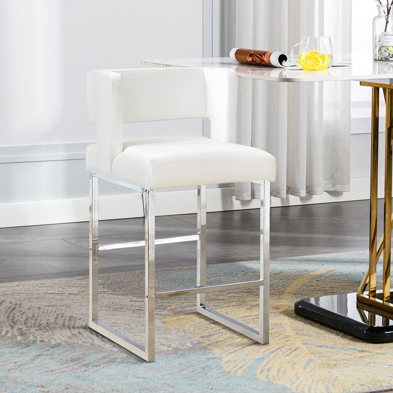Faux Leather Upholstered Counter Bar Stool (Set of 2), Gray, Silver