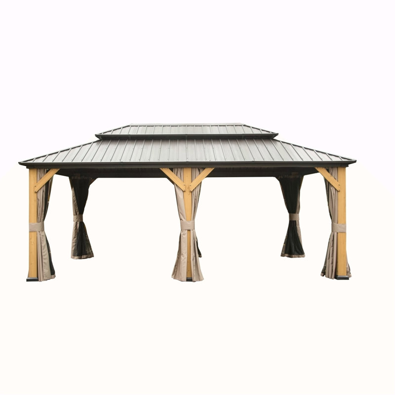 12'X20' Hardtop Gazebo, Outdoor Cedar Wood Frame Canopy With Galvanized Steel Double Roof, Outdoor Permanent Metal Pavilion With Curtains And Netting For Patio, Backyard And Lawn