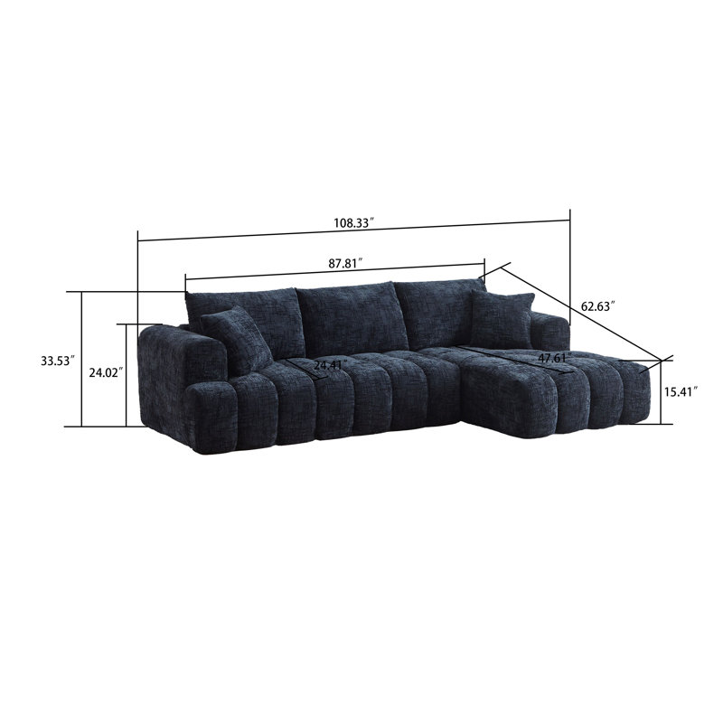 Classic Boneless L-shaped Chenille Fabric Upholstered 3-Seater Sectional Sofa with Two Pillows, Dark Blue Chenille