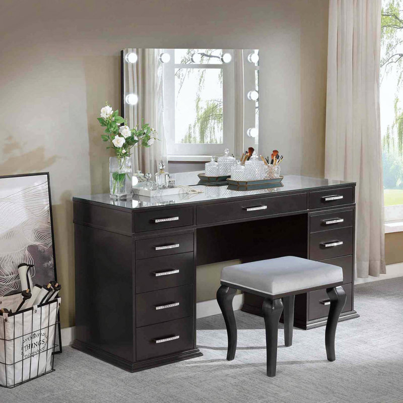 Ensemble de coiffeuse avec tabouret rembourré Glam Style, plateau en verre, tiroirs de rangement et miroir DEL