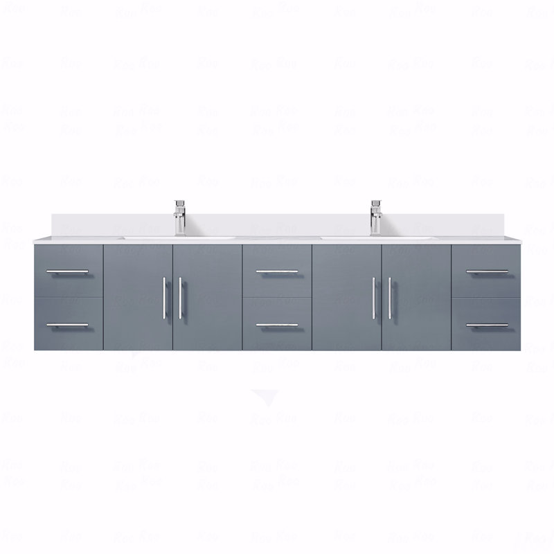 Ensemble de meuble-lavabo double 84 po x 22 po avec comptoir en quartz blanc et robinet, Gris, Quartz blanc