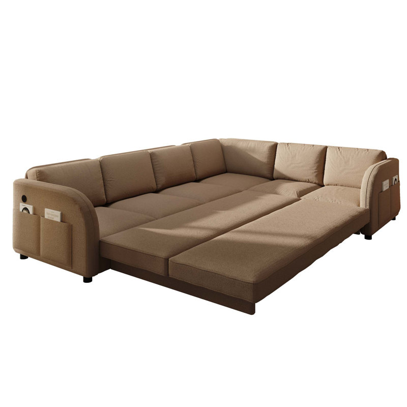 115.2" L-Shaped Sofa Couch with Pull-Out Bed,Oversize Convertible Sleeper Sofa with side Pocket & USB Port,Teddy Upholstered Sectional Couches with Convert Left/Right Facing