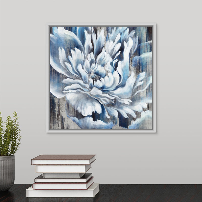 « indigo fleur iii », peinture sur toile, H 13,7 po x l 13,7 po x p 1,75 po, Cadre flottant blanc