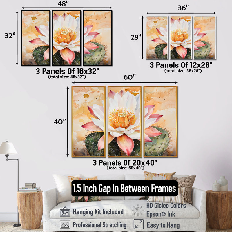 Fleur de cactus du désert du Nevada - Ensemble de décoration murale cactus floral, H 32 po x l 48 po, Noir