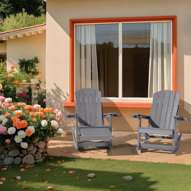 Outdoor Adirondack Rocking Chair With Retractable Ottoman HIPS All Weather Oversized Plastic Patio Rocker Chair, Gray
