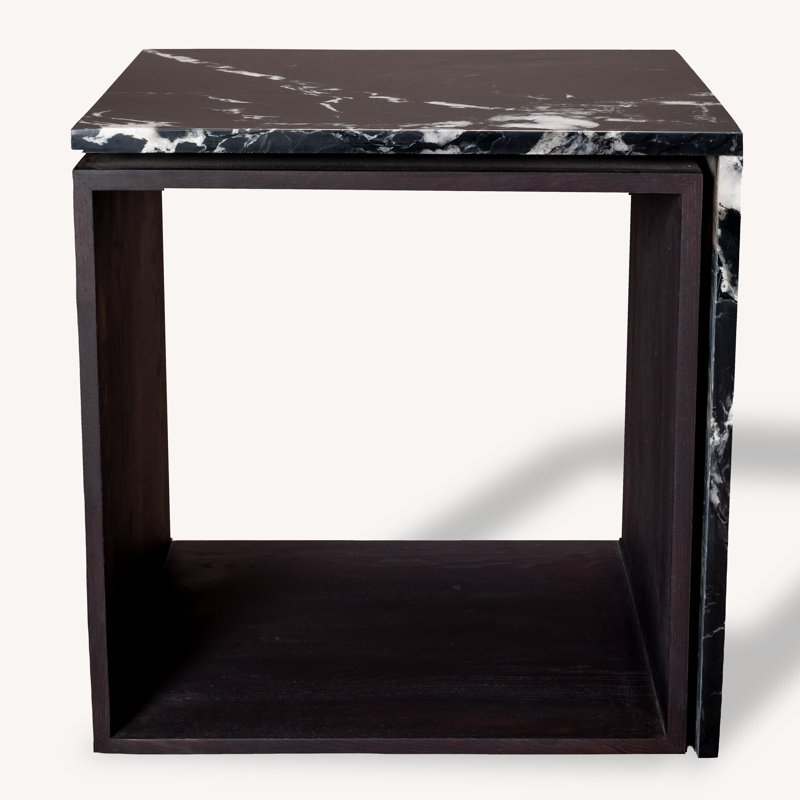 Authentic Italian Marble with Natural Oak Wood Occasional Table / Night Stand, Black, Black