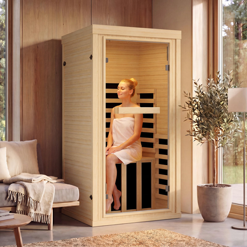 Sauna infrarouge lointain pour 1 personne, sauna sec en bois de pruche du Canada avec façade en verre trempé, système de chauffage à faible intensité électromagnétique, panneau de commande audio et numérique Bluetooth